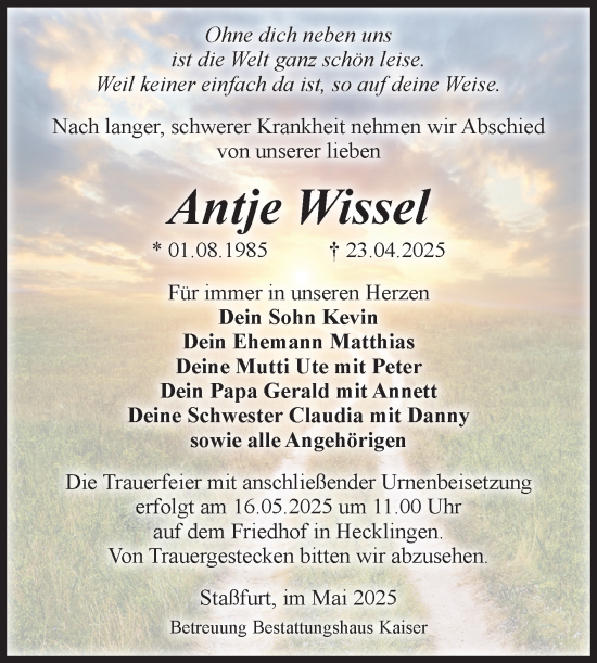 Traueranzeige von Antje Wissel von Volksstimme Staßfurt