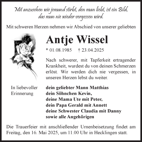 Traueranzeige von Antje Wissel von Volksstimme Schönebeck