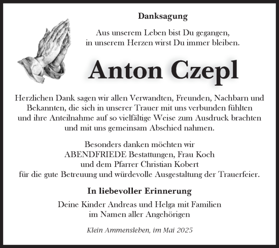 Traueranzeige von Anton Czepl von Volksstimme Haldensleben/Wolmirstedt