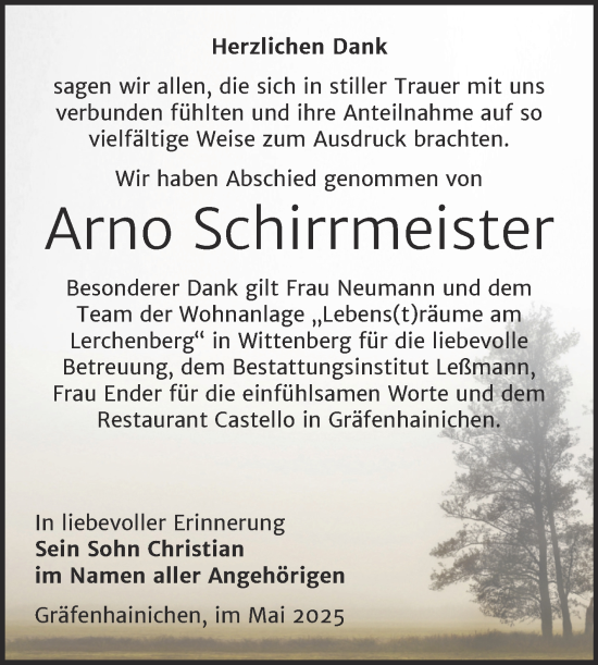 Traueranzeige von Arno Schirrmeister von Trauerkombi Wittenberg