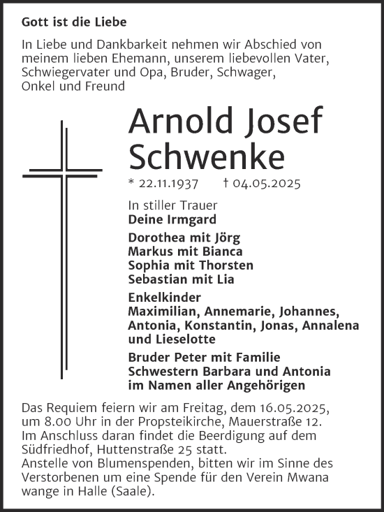 Traueranzeige von Arnold Josef Schwenke von Mitteldeutsche Zeitung Halle/Saalkreis