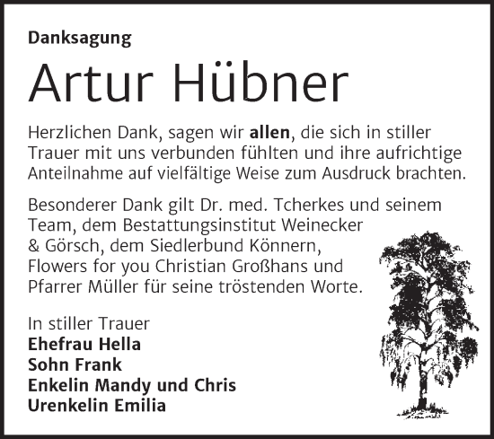 Traueranzeige von Artur Hübner von Trauerkombi Bernburg