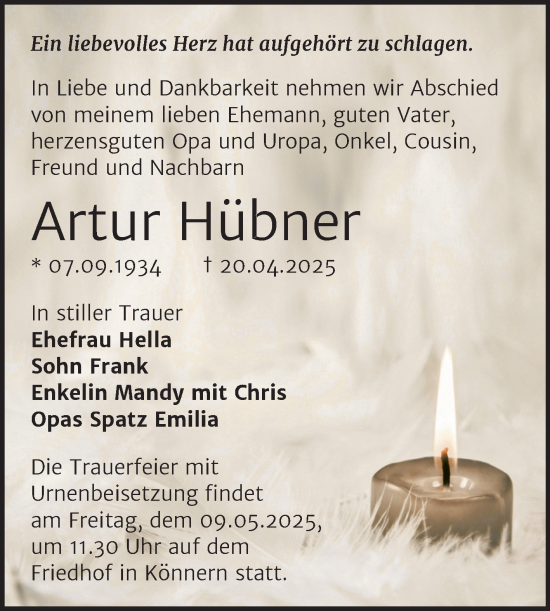 Traueranzeige von Artur Hübner von Trauerkombi Bernburg
