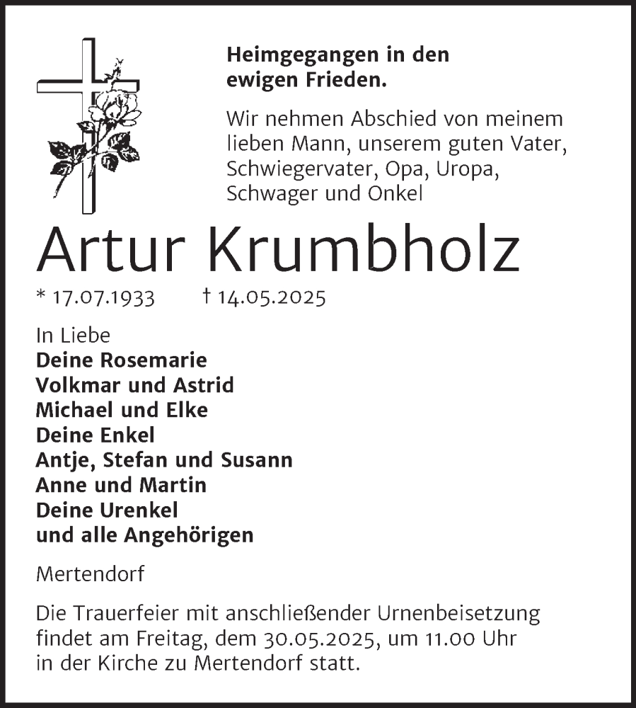  Traueranzeige für Artur Krumbholz vom 24.05.2025 aus Naumburger Tageblatt