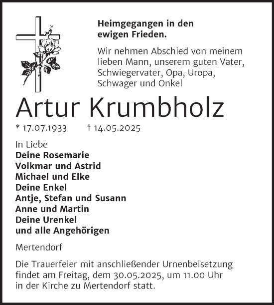 Traueranzeige von Artur Krumbholz von Naumburger Tageblatt