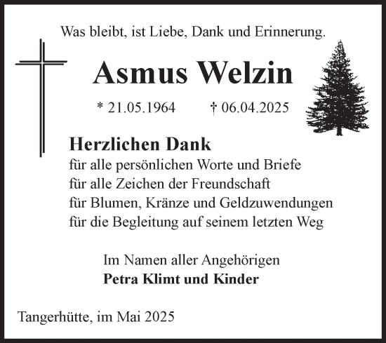 Traueranzeige von Asmus Welzin von Volksstimme Altmark Ost