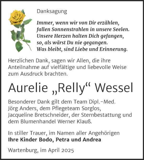 Traueranzeige von Aurelie Wessel von Trauerkombi Wittenberg