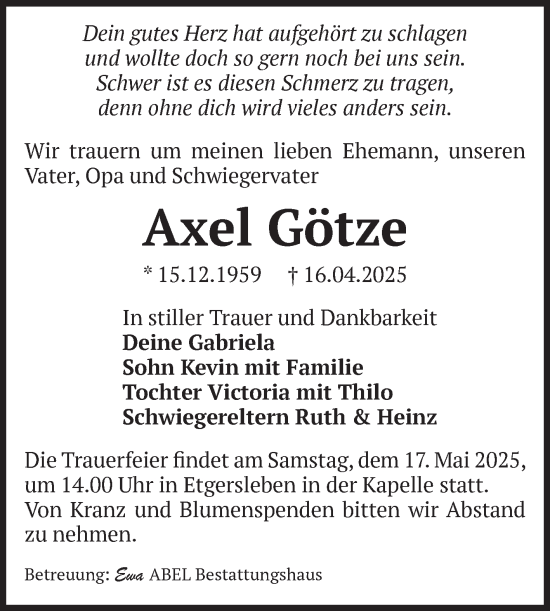 Traueranzeige von Axel Götze von Volksstimme Staßfurt