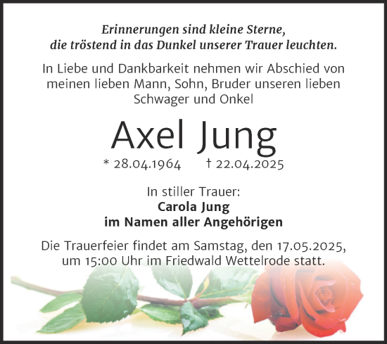Traueranzeige von Axel Jung von Trauerkombi Sangerhausen