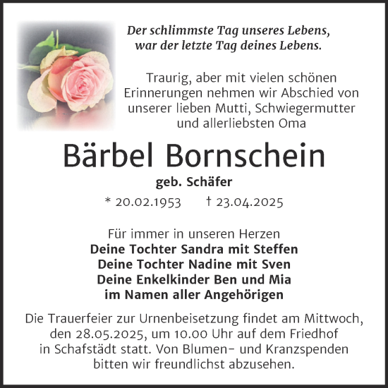Traueranzeige von Bärbel Bornschein von Trauerkombi Merseburg