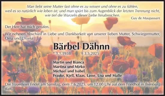 Traueranzeige von Bärbel Dähnn von Volksstimme Wernigerode