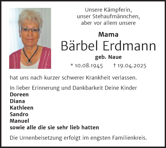 Traueranzeige von Bärbel Erdmann von Trauerkombi Bitterfeld