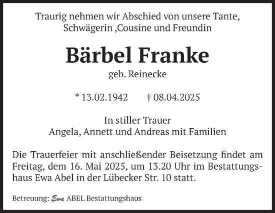 Traueranzeige von Bärbel Franke von Volksstimme Magdeburg