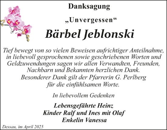 Traueranzeige von Bärbel Jeblonski von Trauerkombi Dessau