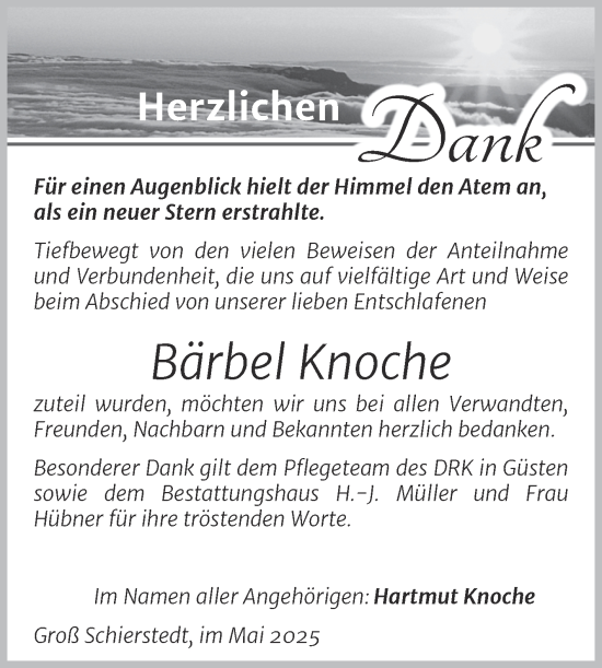 Traueranzeige von Bärbel Knoche von Trauerkombi Aschersleben