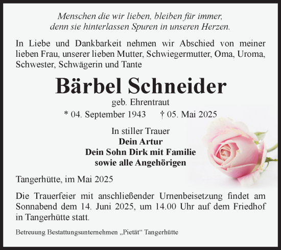 Traueranzeige von Bärbel Schneider von Volksstimme Altmark Ost