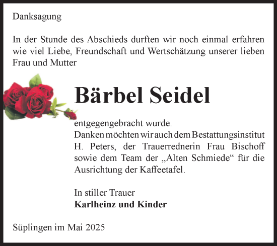 Traueranzeige von Bärbel Seidel von Volksstimme Haldensleben/Wolmirstedt