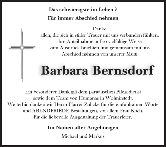Traueranzeige von Barbara Bernsdorf von Volksstimme Haldensleben/Wolmirstedt