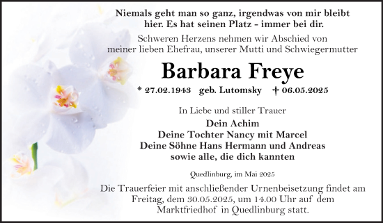Traueranzeige von Barbara Freye von Trauerkombi Quedlinburg