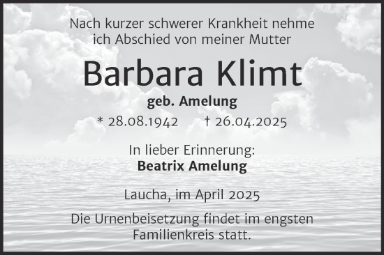 Traueranzeige von Barbara Klimt von Naumburger Tageblatt