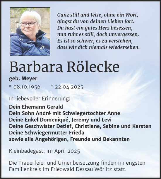 Traueranzeige von Barbara Rölecke von Trauerkombi Köthen