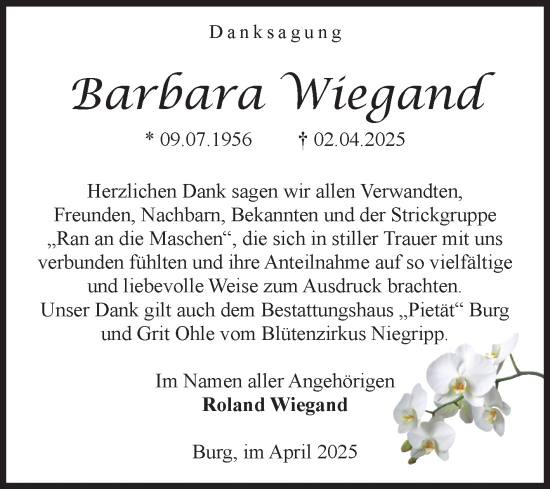 Traueranzeige von Barbara Wiegand von Volksstimme Burg/Genthin