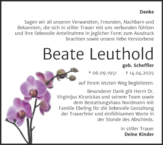 Traueranzeige von Beate Leuthold von Trauerkombi Mansfelder Land