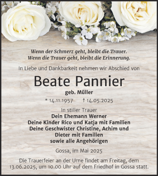 Traueranzeige von Beate Pannier von Trauerkombi Bitterfeld