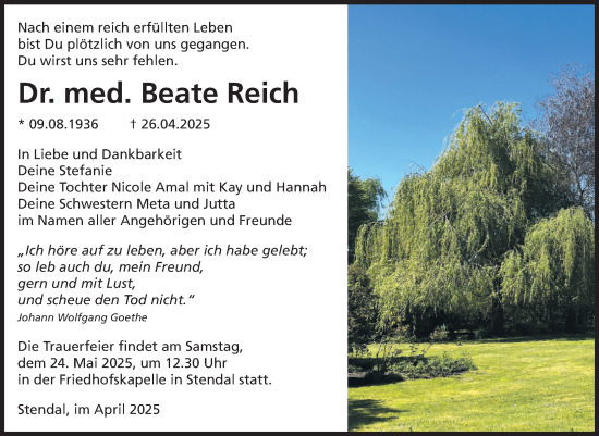 Traueranzeige von Beate Reich von Volksstimme Altmark Ost