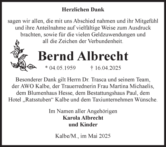Traueranzeige von Bernd Albrecht von Volksstimme Altmark West