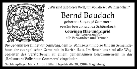 Traueranzeige von Bernd Baudach 