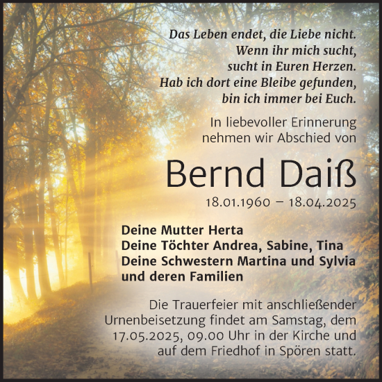 Traueranzeige von Bernd Daiß von Trauerkombi Bitterfeld