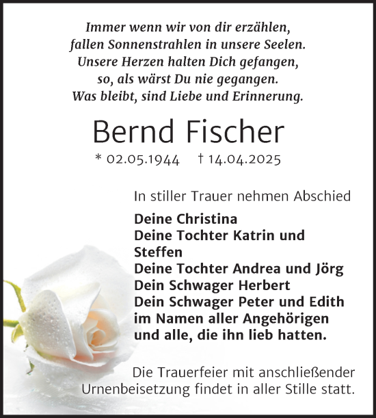 Traueranzeige von Bernd Fischer von Trauerkombi Wittenberg