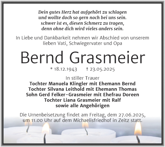 Traueranzeige von Bernd Grasmeier von Trauerkombi Zeitz