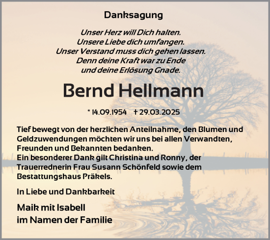 Traueranzeige von Bernd Hellmann von Trauerkombi Zeitz