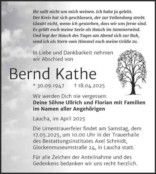 Traueranzeige von Bernd Kathe von Super Sonntag Naumburg/Nebra