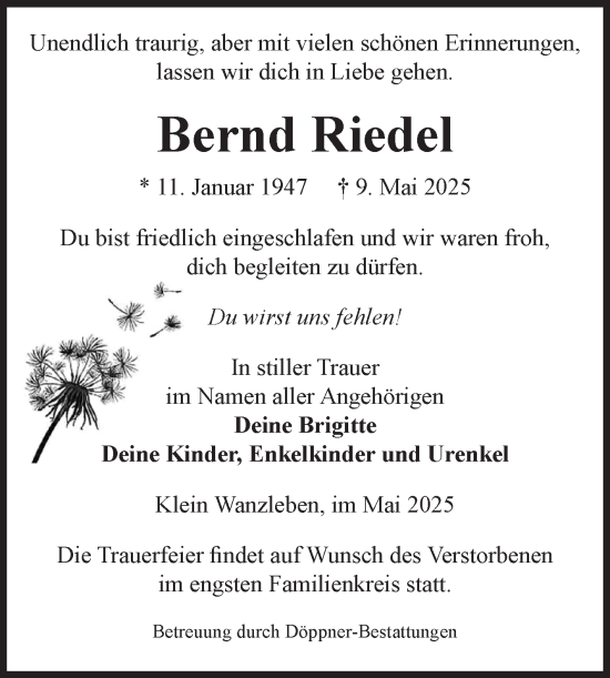 Traueranzeige von Bernd Riedel von Volksstimme Oschersleben/Wanzleben