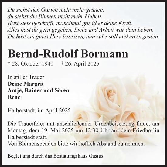 Traueranzeige von Bernd-Rudolf Bormann von Volksstimme Halberstadt