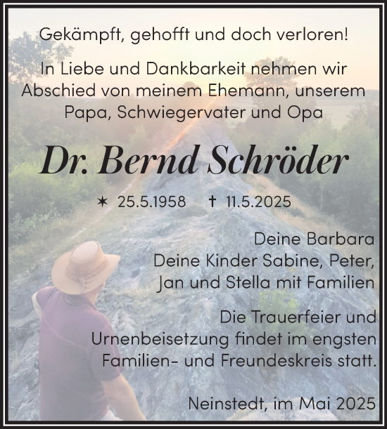 Traueranzeige von Bernd Schröder von Trauerkombi Quedlinburg