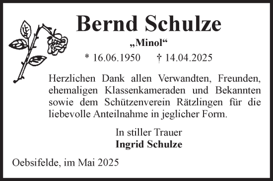 Traueranzeige von Bernd Schulze von Volksstimme Altmark West