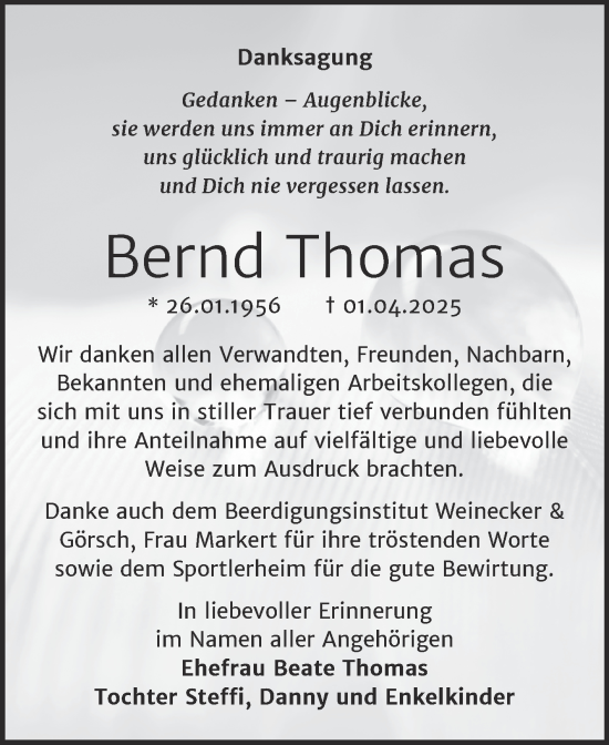 Traueranzeige von Bernd Thomas von Trauerkombi Aschersleben