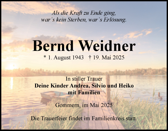Traueranzeige von Bernd Weidner von Volksstimme Burg/Genthin