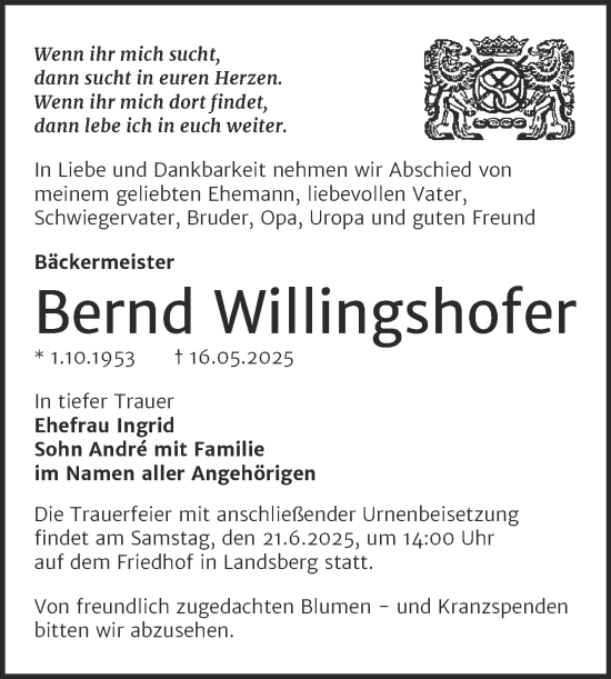 Traueranzeige von Bernd Willingshofer von Mitteldeutsche Zeitung Halle/Saalkreis