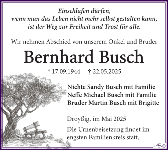Traueranzeige von Bernhard Busch von Trauerkombi Zeitz