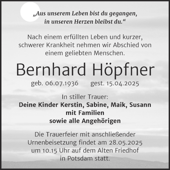 Traueranzeige von Bernhard Höpfner 
