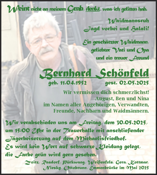 Traueranzeige von Bernhard Schönfeld von Trauerkombi Zeitz