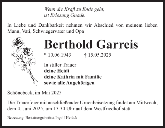 Traueranzeige von Berthold Garreis von Volksstimme Schönebeck