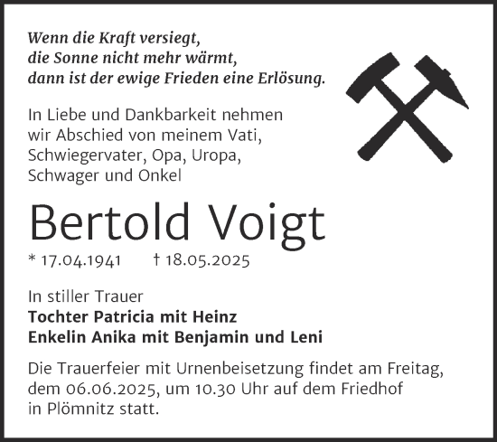 Traueranzeige von Bertold Voigt von Trauerkombi Bernburg