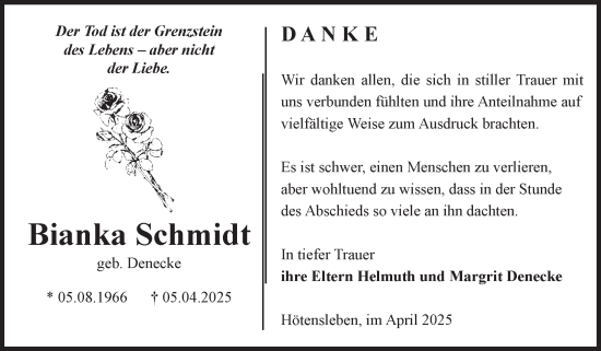 Traueranzeige von Bianka Schmidt von Volksstimme Oschersleben/Wanzleben
