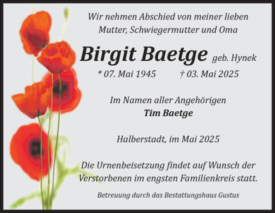 Traueranzeige von Birgit Baetge von Volksstimme Halberstadt